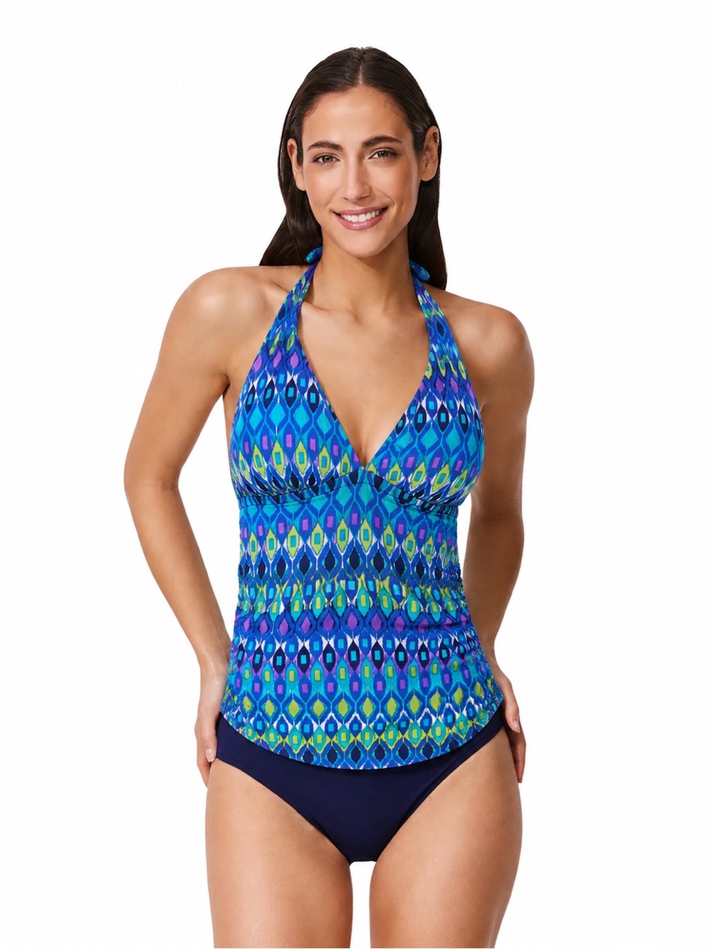 La Blanca Tankini Top Size 10 Blue Green Purple Halter Geometric Print Swim